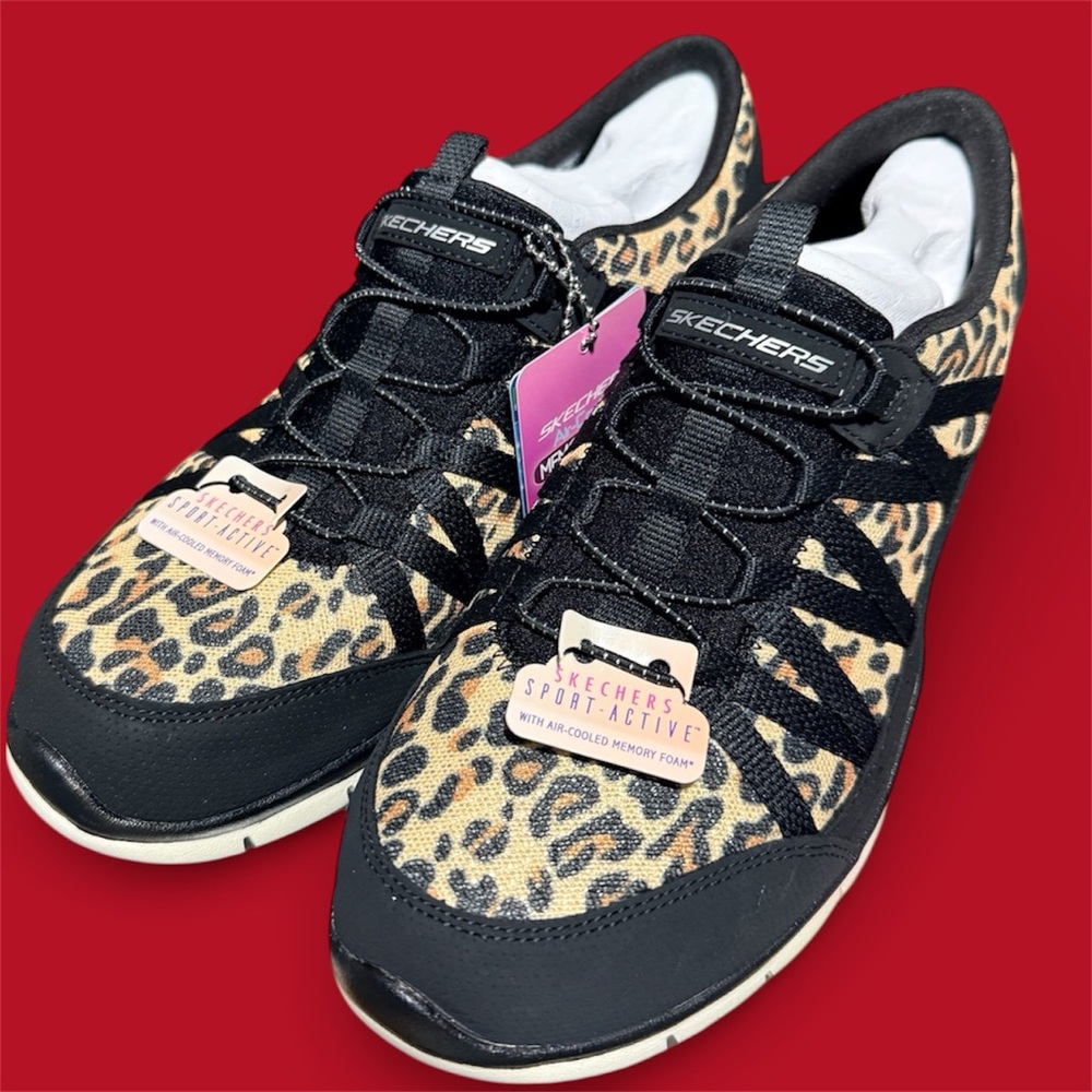Skechers Black and Tan Machine Washable Leopard Sneakers with Memory Foam